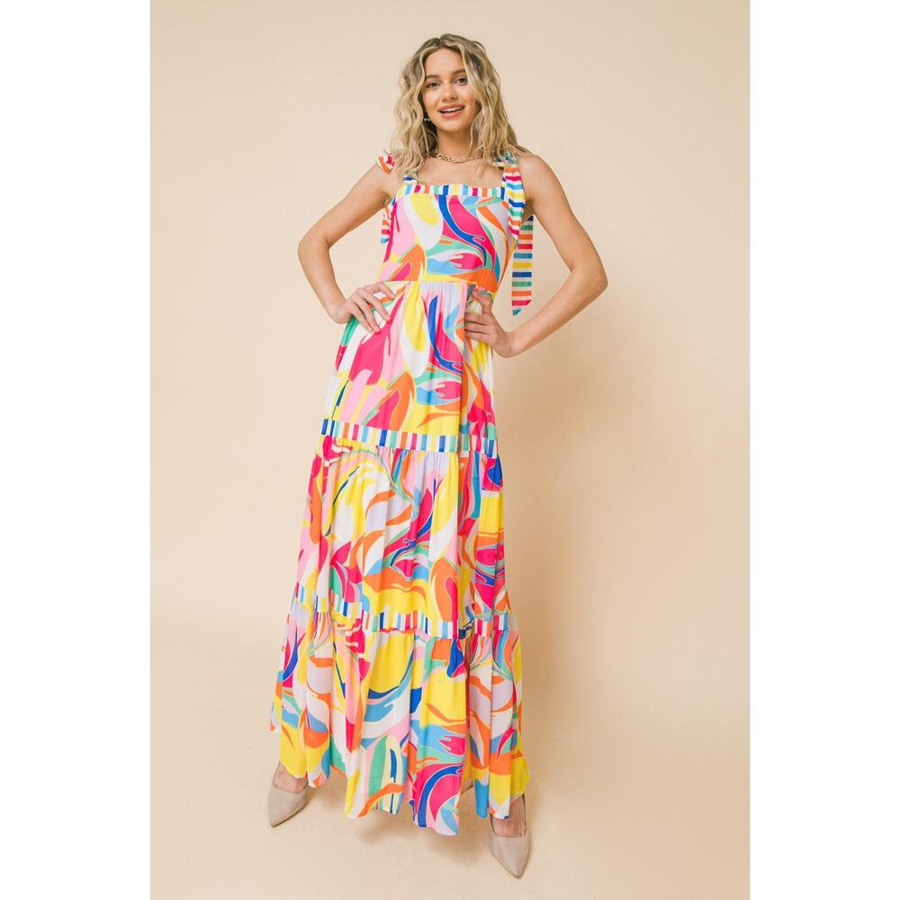 FLYING TOMATO Print and Stripes Tiered Maxi Dress with Tie Straps, Size Medium - Picture 3 of 15